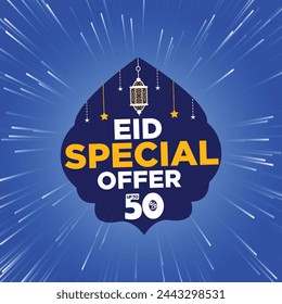 "Eid Special Offer" bis zu 50% Rabatt. Eid Special Sale Banner Template Design mit Blast-Effekt, Sterne und Laternen auf blauem Hintergrund. Eid Sale Design für soziale Medien und Website.