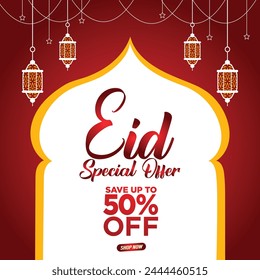 "Oferta Especial Eid" hasta un 50% de descuento en Ilustración vectorial con linternas y estrellas sobre un fondo rojo. Diseño de oferta especial Eid. Venta Anuncio o diseño de póster para el Festival de Eid. Formato Eps.