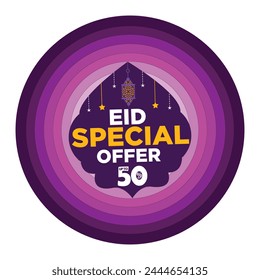 "Eid Special Offer" up to 50% off. Eid Special Sale banner template design with light and dark purple gradient circles on a white background. Eid Sale design for social media and websites. 