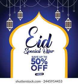 "Eid Special Offer" up to 50% off vector illustration with lanterns and stars on a blue background. Eid special offer design. Sale Banner Or Poster design for the Eid Festival. Eps Format.
