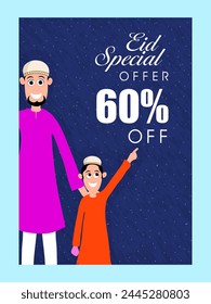 Eid-Sonderangebot mit 60% Rabatt, Eid-Verkaufsplakat, Sale-Banner, Sale-Flyer, Sale-Hintergrund mit Illustration von religiösen muslimischen Mann und niedlichen Jungen, Konzept für islamische Traditionsfestival-Feier.