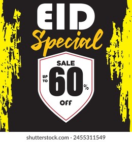 Eid special offer. Up to 60% off. yellow and black theme vector EPS editable file. Minimal flat or black background. Flash Sales 60% Off template design for social media and website. 