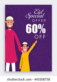 Eid Special Offer with 60% Off, Eid Sale Poster, Sale Banner, Sale Flyer, Sale Background with illustration of Religious Muslim Man and Cute Boy, Concept for Islamic Traditional Festival celebration.