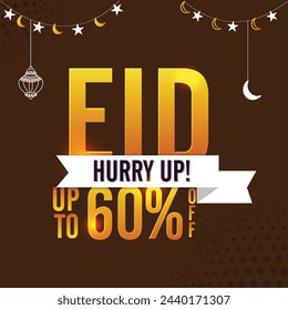 Eid special offer. Golden Eid text design on moon and stars decorated background. Up to 60% off. Creative Sale and Discount poster, banner or flyer.