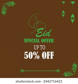 Eid special offer. Eid mega sale. Up to 50% off. Green theme vector EPS  editable file isolated on brown background.