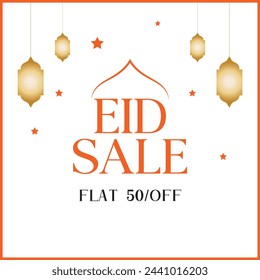 Eid special offer, Eid mega sale,f lat 50%off, minimal flat or white background, eid lantern star.eid sale logo