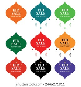 Eid special offer, Eid mega sale,flat 50%,70%,80%,30%,20%,10%,75%off,Set of Eid Special Sale tags vector badges template, Set of 9 Eid Sale Badges Icon Symbol, Set of Mega Sale tags vector badges 