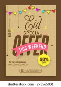 Eid Special Offer template, banner, or flyer design decorated with colorful bunting, moons and stars.