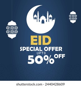 Eid Oferta especial Hasta 50% de descuento gris tema árabe lámpara amarilla para la venta banner Vector diseño islámico con mezquita para musulmanes festival anual EID.