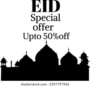 Eid special offer upto 50 %off mosque in background isolated 