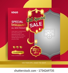 Eid special sale promotion banner for social media post template with decorated lamp & moon