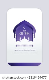 Eid Special Theme Vertikale Social Media Vorlage mit Moschee Dome Ornament und violett-farbigen Moschee Tor Kombination.