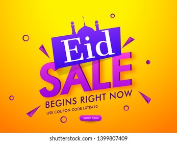 Eid Super Sale banner or poster design with text of "Begins Right Now" on yellow and orange background.