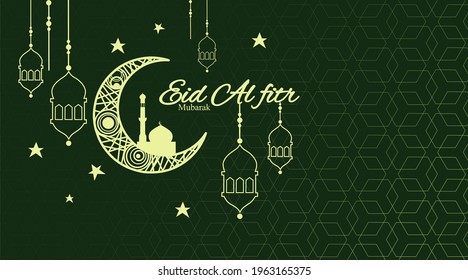 Eid themed vector illustration with hexagon pattern background and simple lantern, star and moon decoration in yellow and green colors. Perfect for Eid.