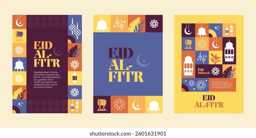 eid three poster set pattern and silhouette colorful illustration