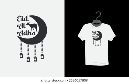 Eid t-shirt design, Eid Mubarak typography t shirt, Eid festival, animal icon, moon and lanterns, Mosque, Vector illustration, Eid Mubarak Greeting Card, poster, religion, invitation,