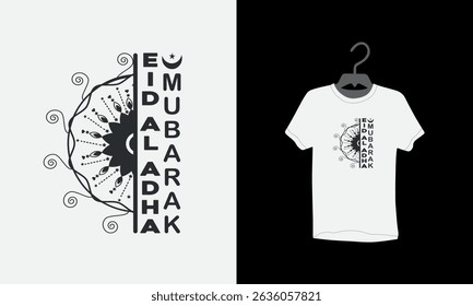 Eid t-shirt design, Eid Mubarak typography t shirt, Eid festival, animal icon, moon and lanterns, Mosque, Vector illustration, Eid Mubarak Greeting Card, poster, religion, invitation,