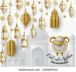 Eid Ul Adha Background. Islamic Arabic lanterns and sheep. Greeting card. Festival of the Sacrifice. Vector illustration.