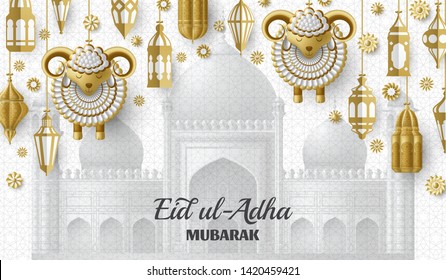 Eid Ul Adha Background. Islamic Arabic lanterns and sheep. Greeting card. Festival of the Sacrifice. Vector illustration.