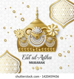 Eid Ul Adha Background. Islamic Arabic lanterns and sheep. Greeting card. Festival of the Sacrifice. Vector illustration.
