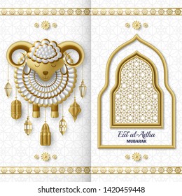Eid Ul Adha Background. Islamic Arabic lanterns and sheep. Greeting card. Festival of the Sacrifice. Vector illustration.