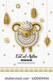 Eid Ul Adha Background. Islamic Arabic lanterns and sheep. Greeting card. Festival of the Sacrifice. Vector illustration.
