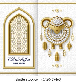 Eid Ul Adha Background. Islamic Arabic lanterns and sheep. Greeting card. Festival of the Sacrifice. Vector illustration.