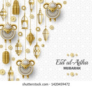 Eid Ul Adha Background. Islamic Arabic lanterns and sheep. Greeting card. Festival of the Sacrifice. Vector illustration.