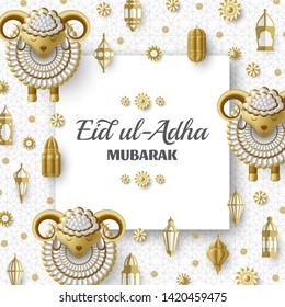 Eid Ul Adha Background. Islamic Arabic lanterns and sheep. Greeting card. Festival of the Sacrifice. Vector illustration.