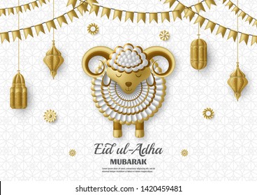 Eid Ul Adha Background. Islamic Arabic lanterns and sheep. Greeting card. Festival of the Sacrifice. Vector illustration.