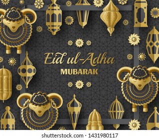 Eid Ul Adha Background. Islamic Arabic lanterns and sheep. Greeting card. Festival of the Sacrifice. Vector illustration.