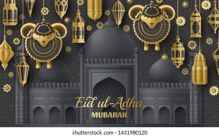 Eid Ul Adha Background. Islamic Arabic lanterns and sheep. Greeting card. Festival of the Sacrifice. Vector illustration.