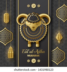 Eid Ul Adha Background. Islamic Arabic lanterns and sheep. Greeting card. Festival of the Sacrifice. Vector illustration.