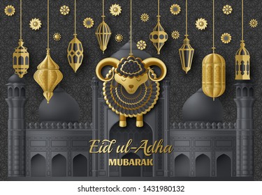 Eid Ul Adha Background. Islamic Arabic lanterns and sheep. Greeting card. Festival of the Sacrifice. Vector illustration.
