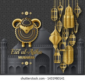 Eid Ul Adha Background. Islamic Arabic lanterns and sheep. Greeting card. Festival of the Sacrifice. Vector illustration.