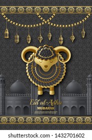 Eid Ul Adha Background. Islamic Arabic lanterns and sheep. Greeting card. Festival of the Sacrifice. Vector illustration.
