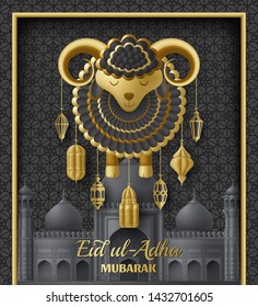 Eid Ul Adha Background. Islamic Arabic lanterns and sheep. Greeting card. Festival of the Sacrifice. Vector illustration.