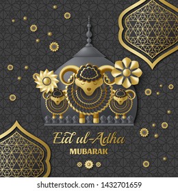 Eid Ul Adha Background. Islamic Arabic lanterns and sheep. Greeting card. Festival of the Sacrifice. Vector illustration.