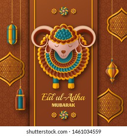 Eid Ul Adha Background. Islamic Arabic lanterns and sheep. Greeting card. Festival of the Sacrifice. Vector illustration.