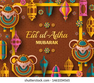 Eid Ul Adha Background. Islamic Arabic lanterns and sheep. Greeting card. Festival of the Sacrifice. Vector illustration.