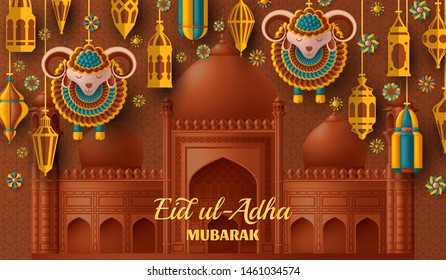Eid Ul Adha Background. Islamic Arabic lanterns and sheep. Greeting card. Festival of the Sacrifice. Vector illustration.