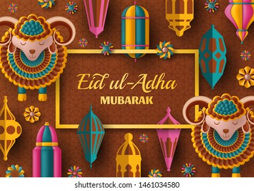 Eid Ul Adha Background. Islamic Arabic lanterns and sheep. Greeting card. Festival of the Sacrifice. Vector illustration.