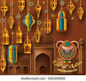 Eid Ul Adha Background. Islamic Arabic lanterns and sheep. Greeting card. Festival of the Sacrifice. Vector illustration.