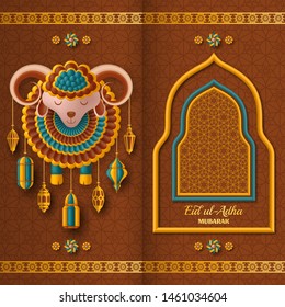 Eid Ul Adha Background. Islamic Arabic lanterns and sheep. Greeting card. Festival of the Sacrifice. Vector illustration.
