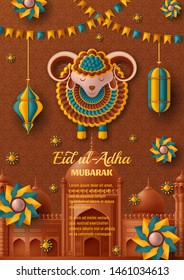 Eid Ul Adha Background. Islamic Arabic lanterns and sheep. Greeting card. Festival of the Sacrifice. Vector illustration.