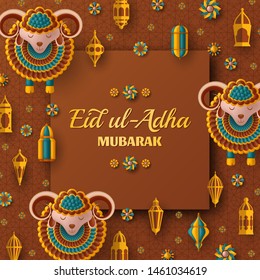 Eid Ul Adha Background. Islamic Arabic lanterns and sheep. Greeting card. Festival of the Sacrifice. Vector illustration.
