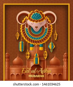 Eid Ul Adha Background. Islamic Arabic lanterns and sheep. Greeting card. Festival of the Sacrifice. Vector illustration.