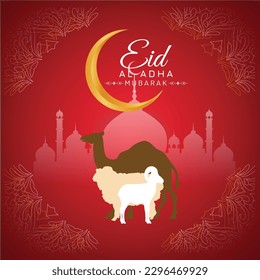 Eid ul Adha banner Unique Design, Bakra Eid Mosque and Goat, Camel, Vector Art