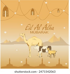 Eid- Ul- Adha desert Arabic style background with lanterns and mountains in the background  