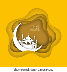 Eid Ul Adha design with paper cut Creative Moon with Mosque for Muslim Community Festival, Eid Mubarak celebration.